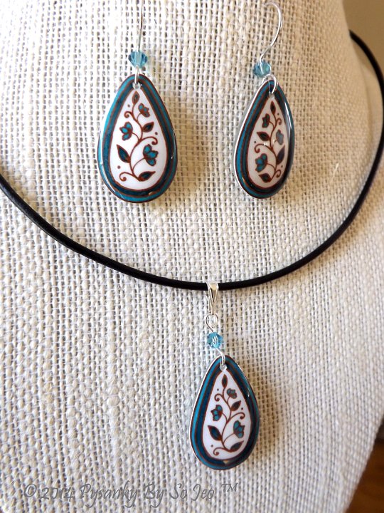 Turquoise and White Spring Vines Teardrop Earrings and Matching Necklace Pysanky Jewelry by So Jeo